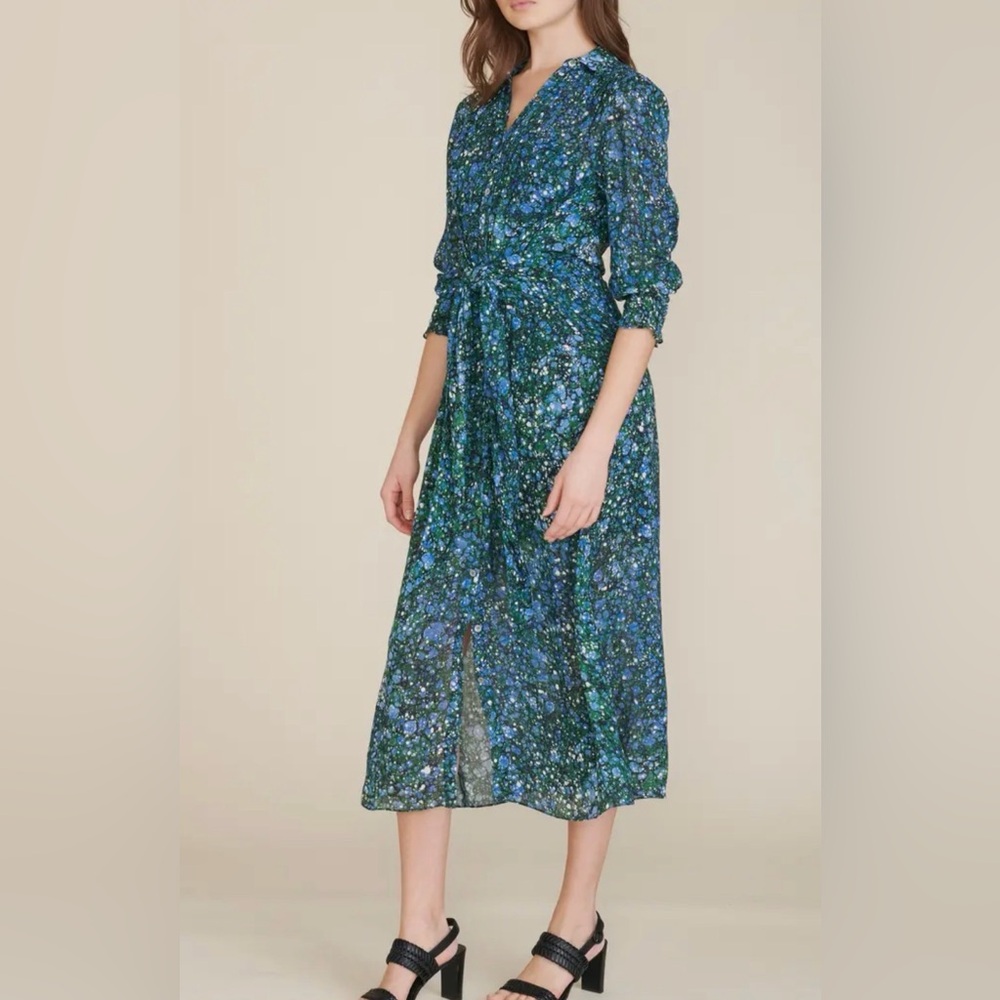 VERONICA BEARD Mirren Blue & Green Marble Print Dress Button Front Size 6